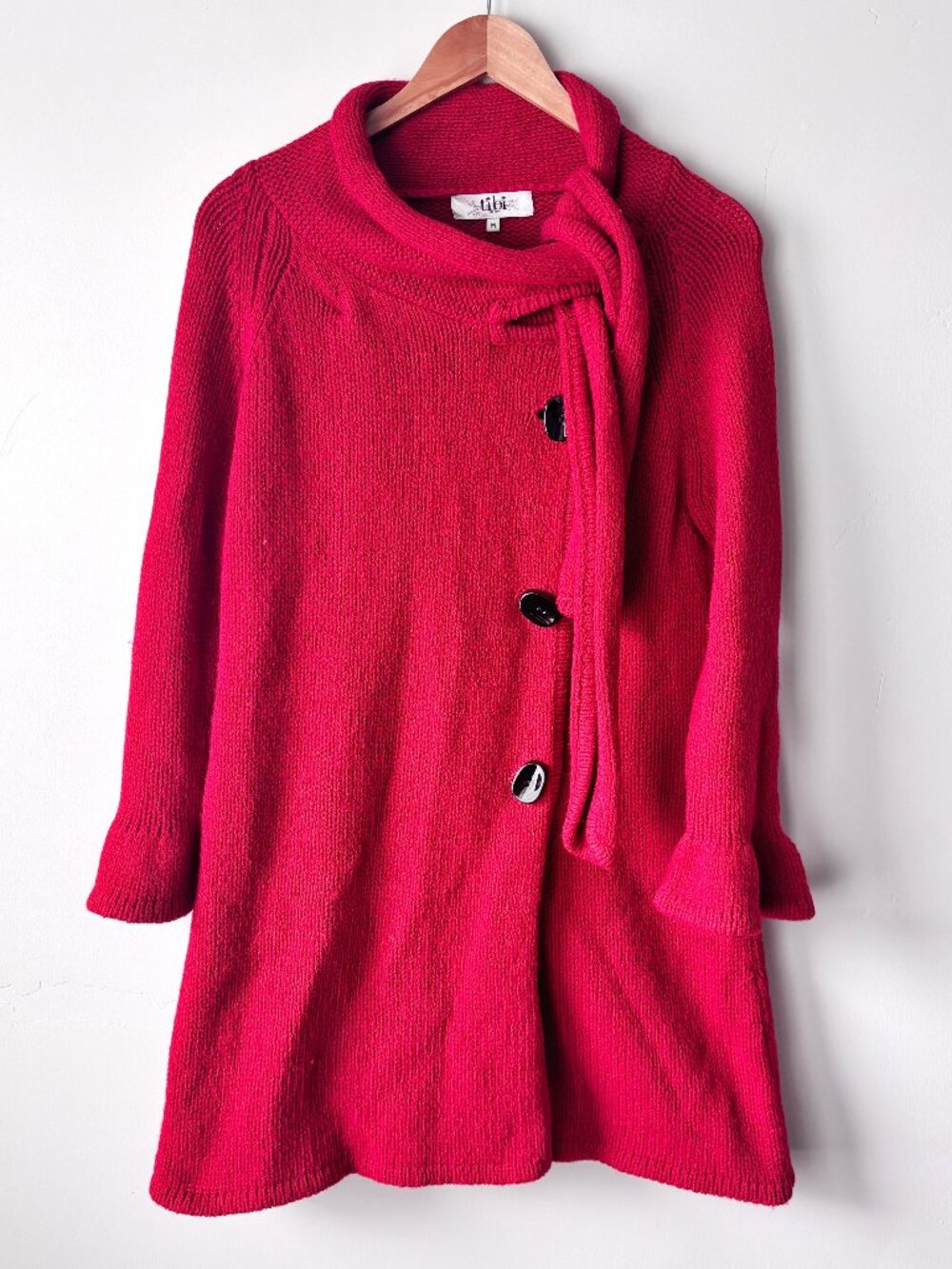 Tibi 100% Wool Scarf Neck Ruffle Sleeve Long Cardigan Sweater Statement Coat M
